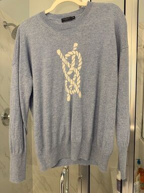 Vineyard Vines Blue Cashmere Crewneck Sweater with Ivory Rope Motif
